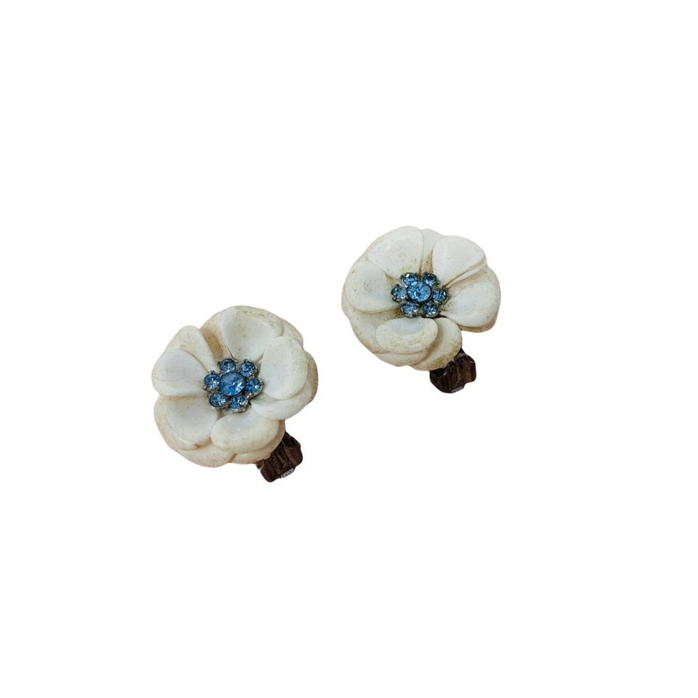 Vintage 1950s Clip Ons White Flowers Blue Rhinestones Earrings